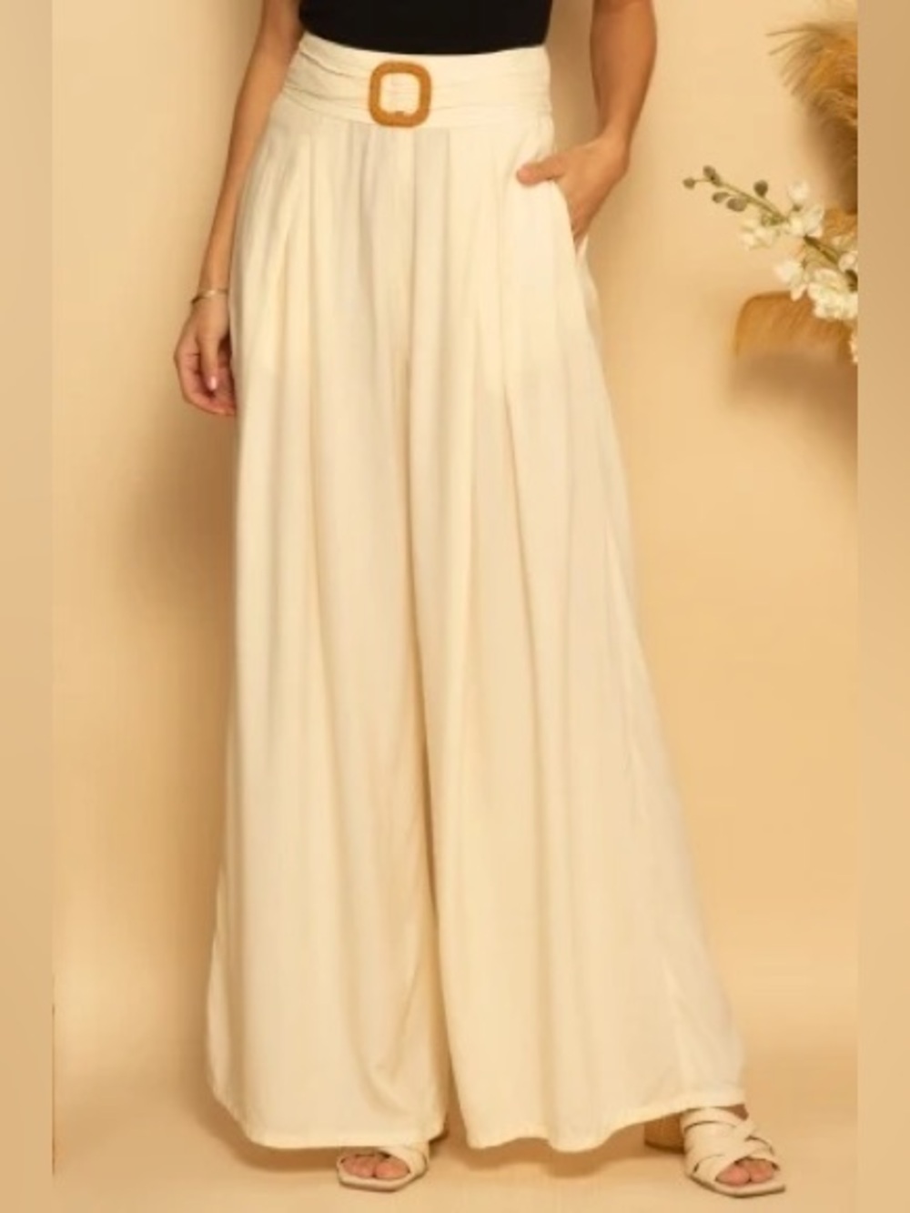 Wide-Leg Cream Palazzo Pants with Belt